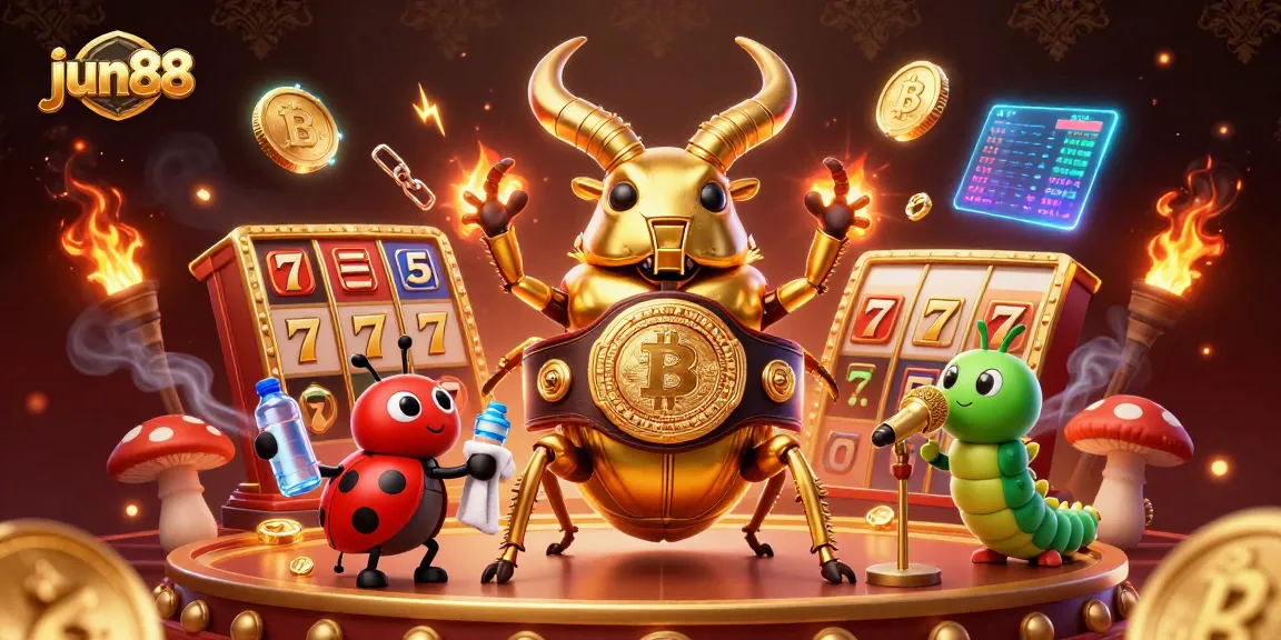 Experience exciting gameplay at jun88 with a vibrant scene featuring slot reels, a golden stag beetle champion, and lively characters.