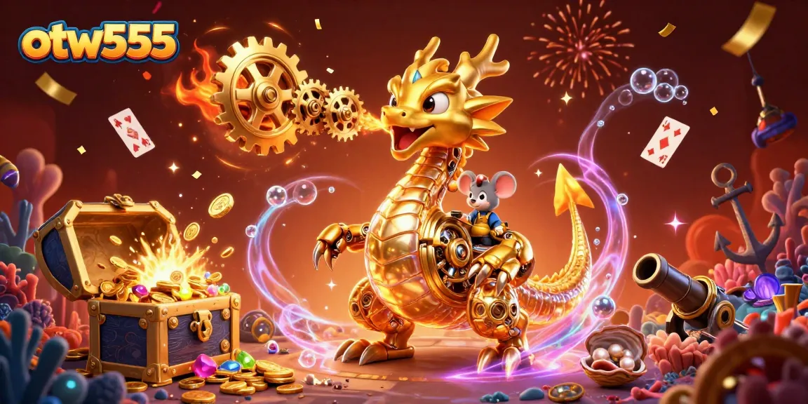 Experience otw555's vibrant casino adventure with our 3D dragon and engineer amidst treasures.