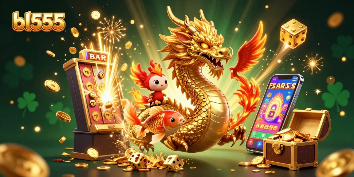 Experience the excitement of bl555 with a dramatic scene featuring a golden dragon and gaming elements.