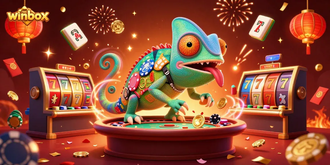 Winbox chameleon casino owner captures golden coins while surrounded by vibrant, dynamic gaming elements.