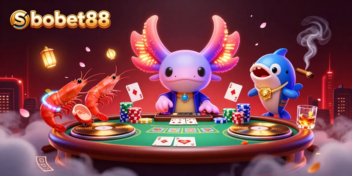 Experience the vibrant world of sbobet88 with dynamic characters engaging in high-stakes poker action.