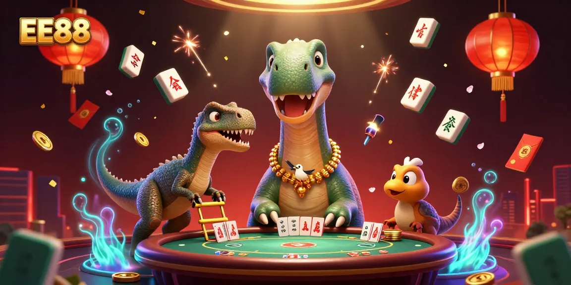 EE88 showcases a dynamic poker scene featuring a giant brontosaurus and clever raptor dealer.