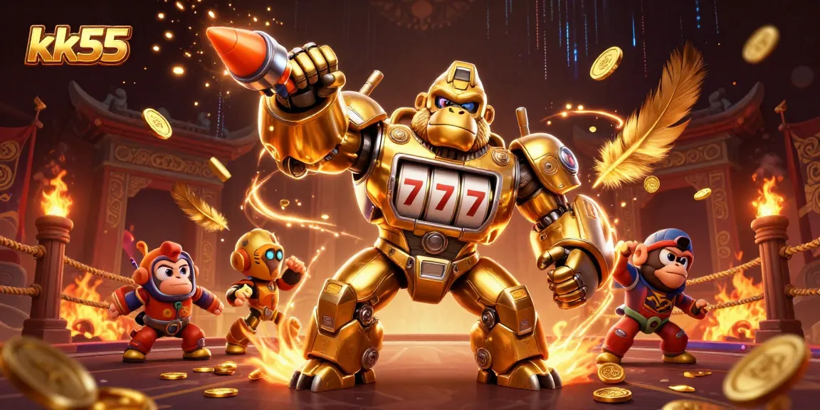 Play exciting games at KK55, featuring a golden mech gorilla and casino elements in this vibrant illustration.