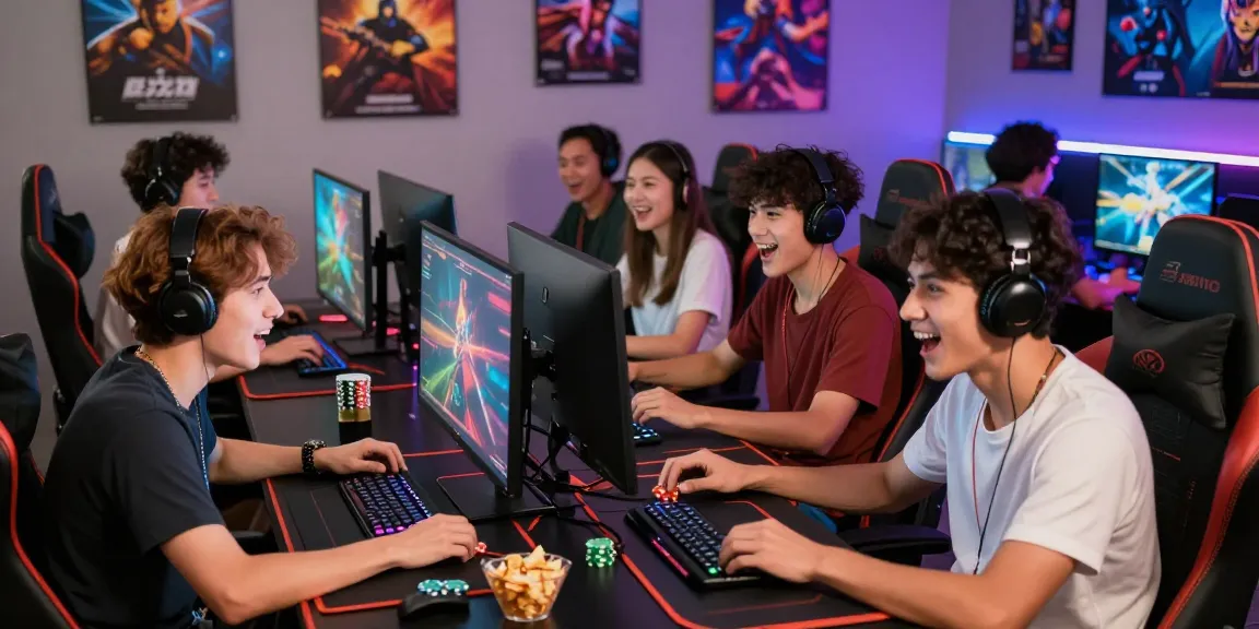 Engaged players enjoying judi online gaming session with vibrant visuals and snacks.