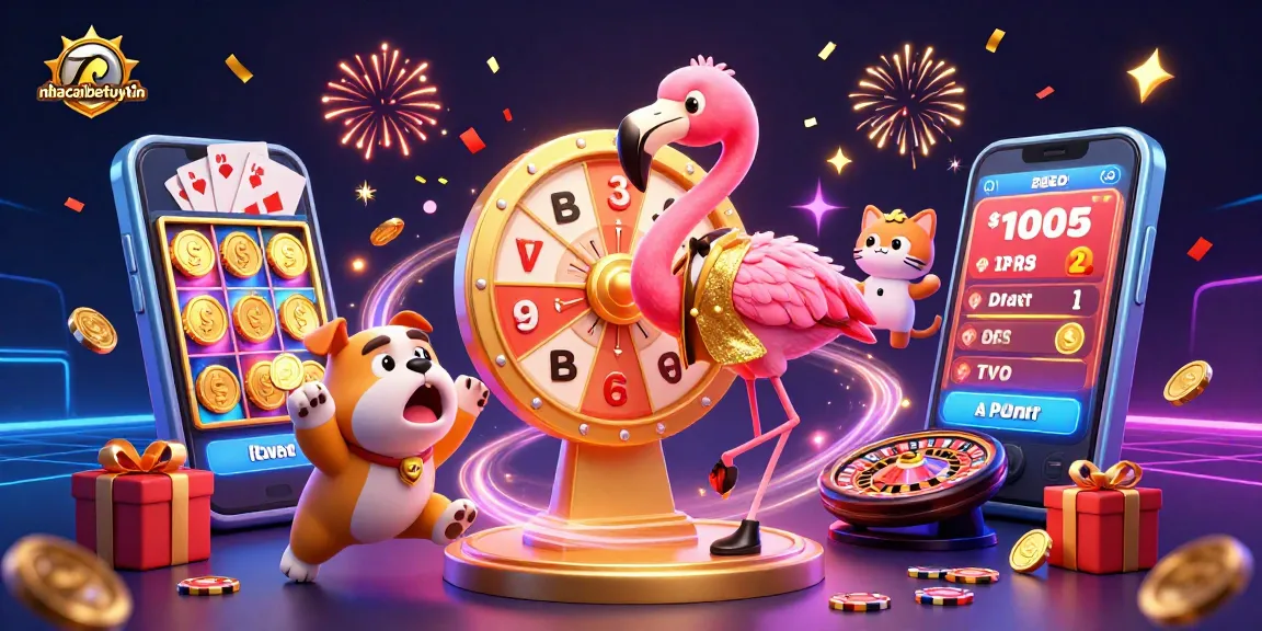 Experience excitement with nhacaibetuytin in a vibrant casino scene featuring a game show host, bulldog contestant, and prize reveals.