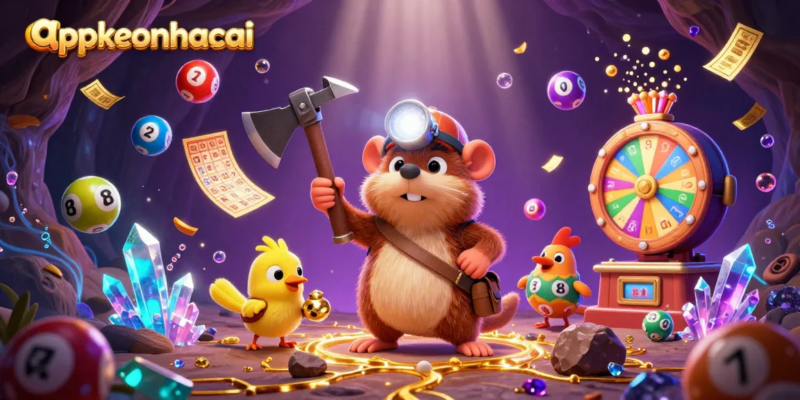 appkeonhacai showcases a treasure hunter mole mining gems, surrounded by vibrant lottery elements in a dynamic scene.